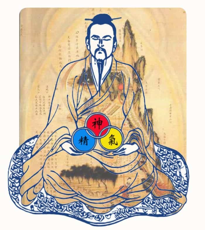 monk holding jing qi shen, the three treasures